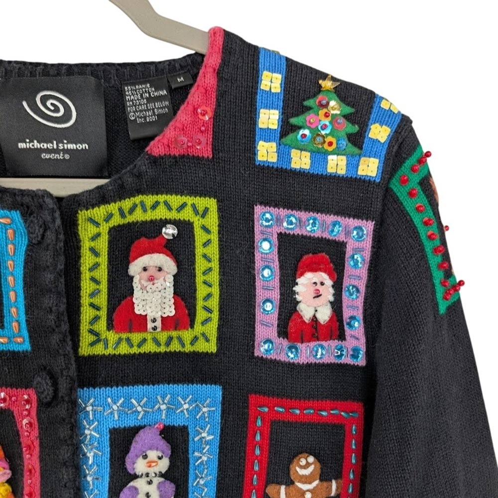 Michael Simon Christmas Cardigan Black M Beaded Window Applique 2001 Y2K - Picture 8 of 10